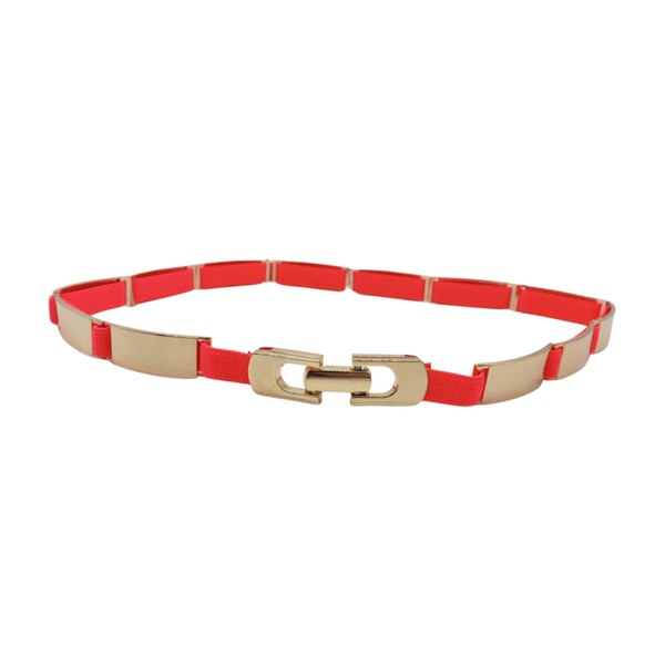 Brand New Women Neon Coral Pink Elastic Skinny Belt Gold Metal Buckle S M L
