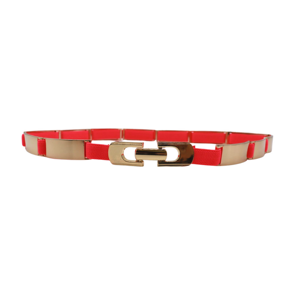 Brand New Women Neon Coral Pink Elastic Skinny Belt Gold Metal Buckle S M L