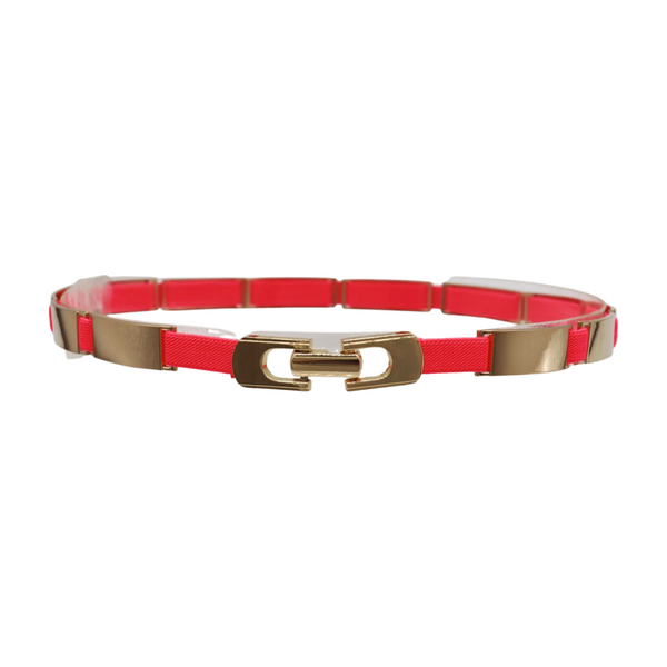 Brand New Women Neon Coral Pink Elastic Skinny Belt Gold Metal Buckle S M L