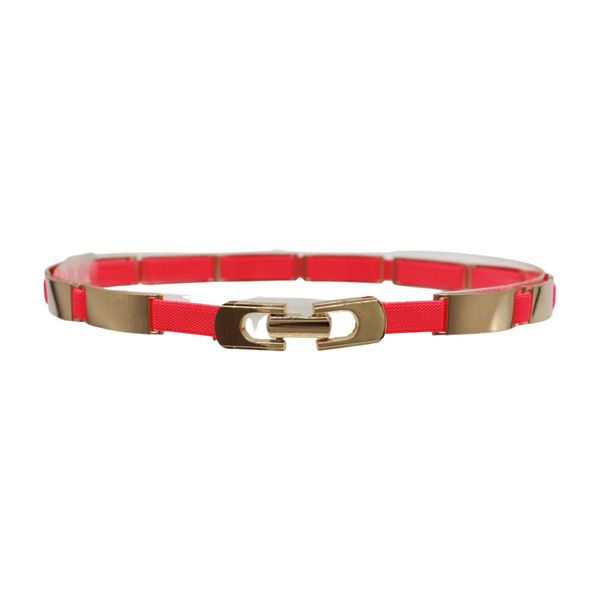 Brand New Women Neon Coral Pink Elastic Skinny Belt Gold Metal Buckle S M L