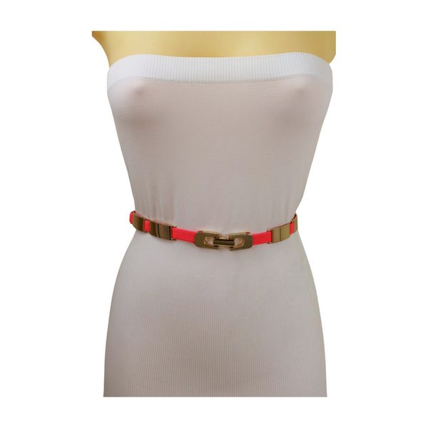 Brand New Women Neon Coral Pink Elastic Skinny Belt Gold Metal Buckle S M L