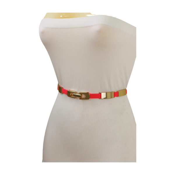 Brand New Women Neon Coral Pink Elastic Skinny Belt Gold Metal Buckle S M L