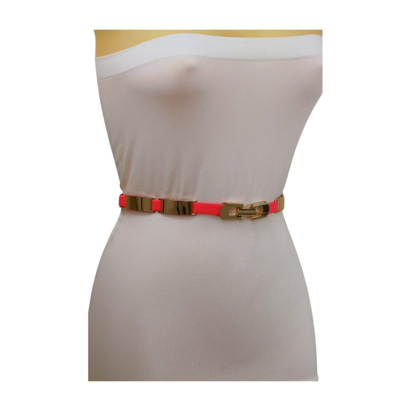 Brand New Women Neon Coral Pink Elastic Skinny Belt Gold Metal Buckle S M L