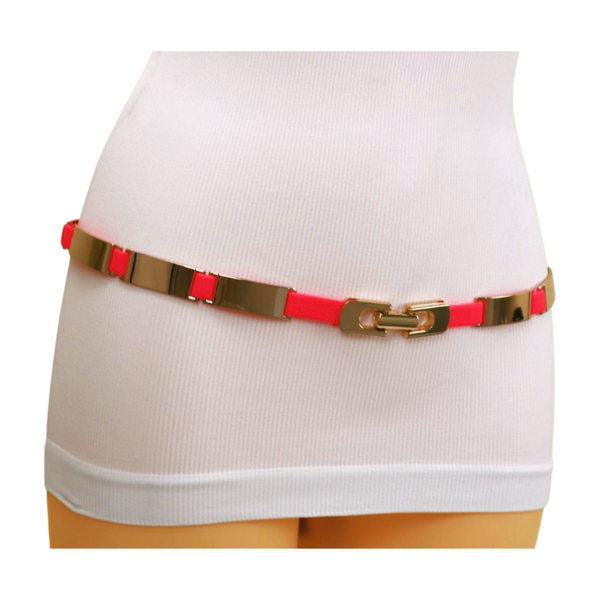 Brand New Women Neon Coral Pink Elastic Skinny Belt Gold Metal Buckle S M L