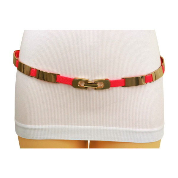 Brand New Women Neon Coral Pink Elastic Skinny Belt Gold Metal Buckle S M L