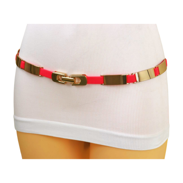 Brand New Women Neon Coral Pink Elastic Skinny Belt Gold Metal Buckle S M L