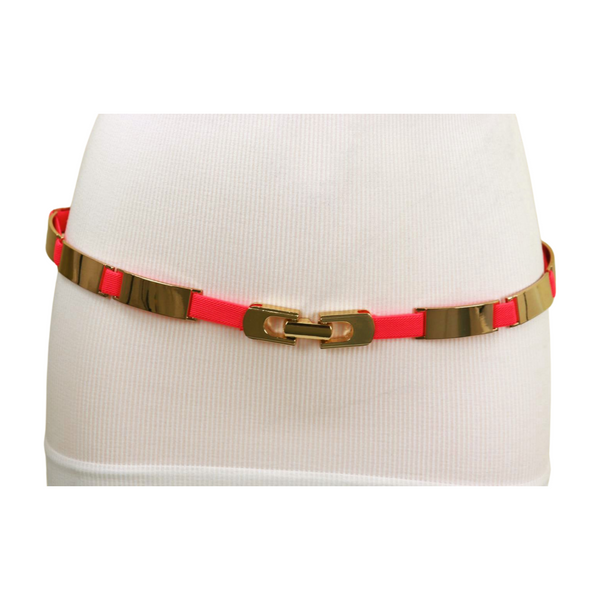 Brand New Women Neon Coral Pink Elastic Skinny Belt Gold Metal Buckle S M L