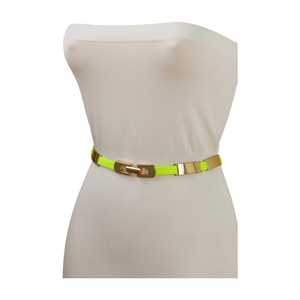 Brand New Women Neon Yellow Elastic Skinny Belt Gold Metal Buckle S M L