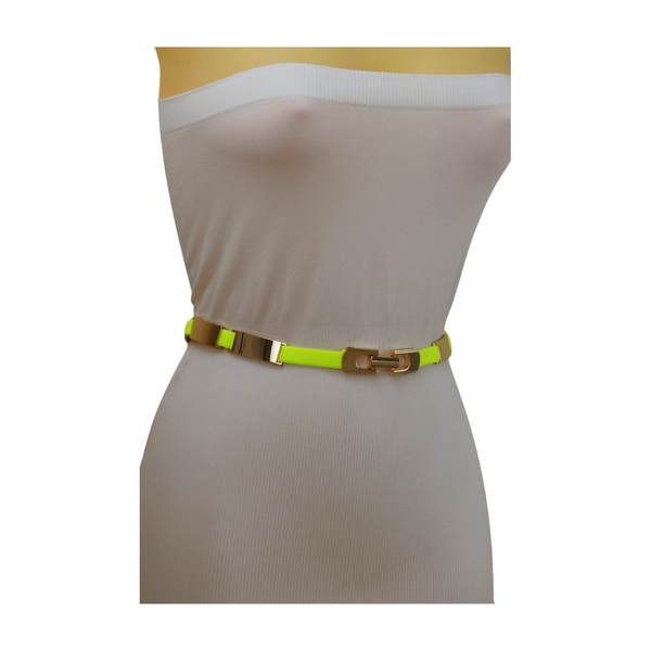 Brand New Women Neon Yellow Elastic Skinny Belt Gold Metal Buckle S M L