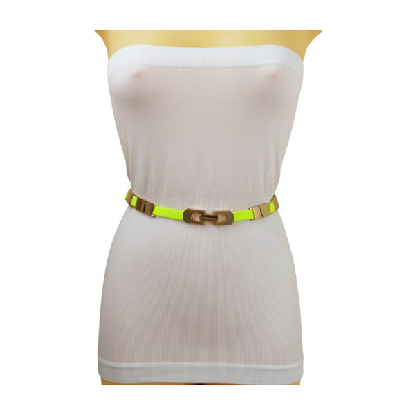 Brand New Women Neon Yellow Elastic Skinny Belt Gold Metal Buckle S M L