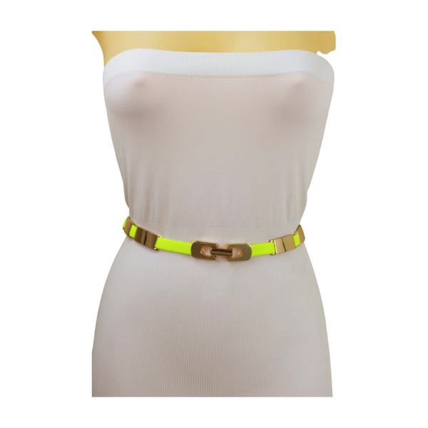 Brand New Women Neon Yellow Elastic Skinny Belt Gold Metal Buckle S M L
