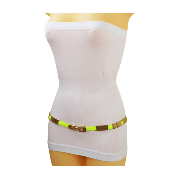 Brand New Women Neon Yellow Elastic Skinny Belt Gold Metal Buckle S M L