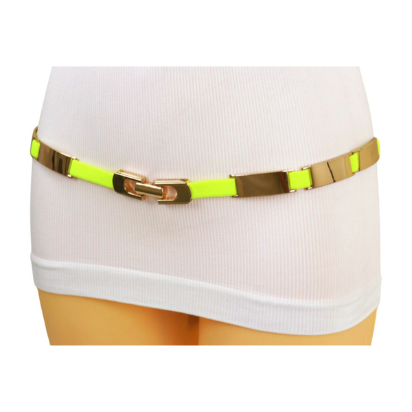 Brand New Women Neon Yellow Elastic Skinny Belt Gold Metal Buckle S M L