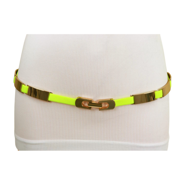 Brand New Women Neon Yellow Elastic Skinny Belt Gold Metal Buckle S M L