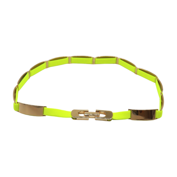Brand New Women Neon Yellow Elastic Skinny Belt Gold Metal Buckle S M L