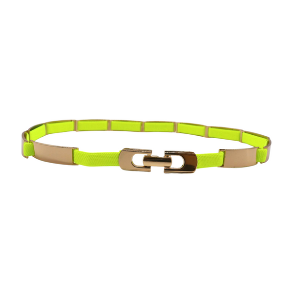 Brand New Women Neon Yellow Elastic Skinny Belt Gold Metal Buckle S M L