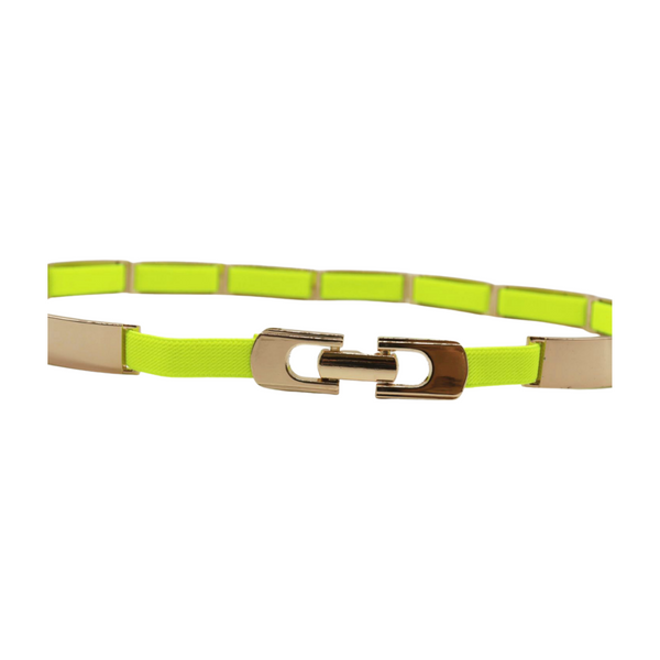 Brand New Women Neon Yellow Elastic Skinny Belt Gold Metal Buckle S M L