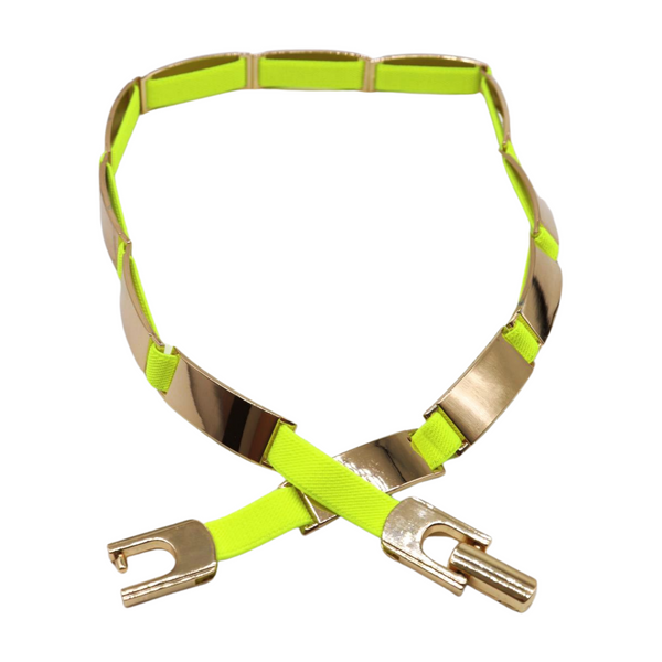 Brand New Women Neon Yellow Elastic Skinny Belt Gold Metal Buckle S M L