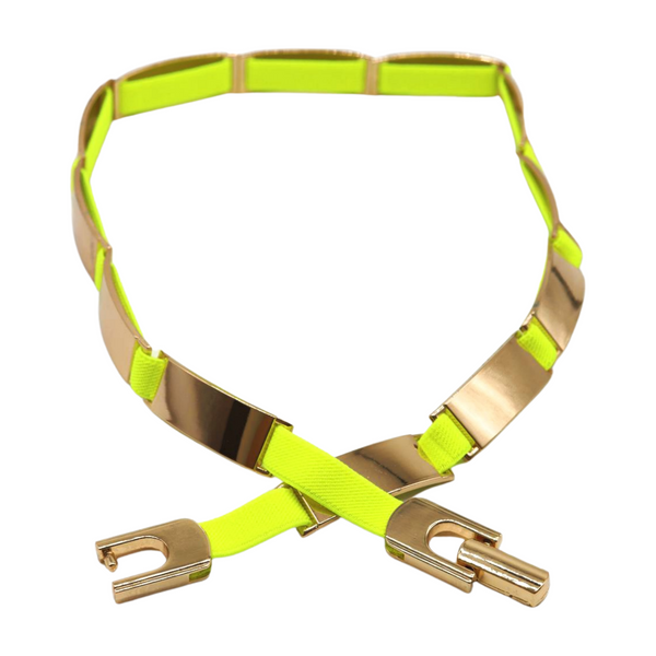 Brand New Women Neon Yellow Elastic Skinny Belt Gold Metal Buckle S M L