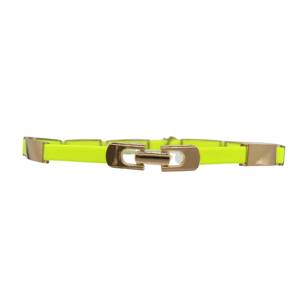 Brand New Women Neon Yellow Elastic Skinny Belt Gold Metal Buckle S M L