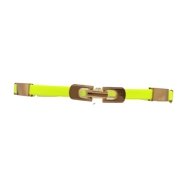 Brand New Women Neon Yellow Elastic Skinny Belt Gold Metal Buckle S M L
