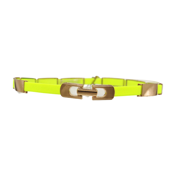 Brand New Women Neon Yellow Elastic Skinny Belt Gold Metal Buckle S M L
