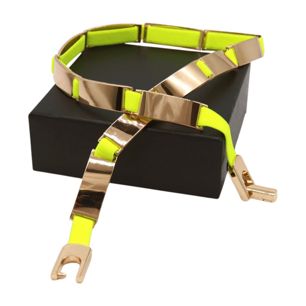 Brand New Women Neon Yellow Elastic Skinny Belt Gold Metal Buckle S M L