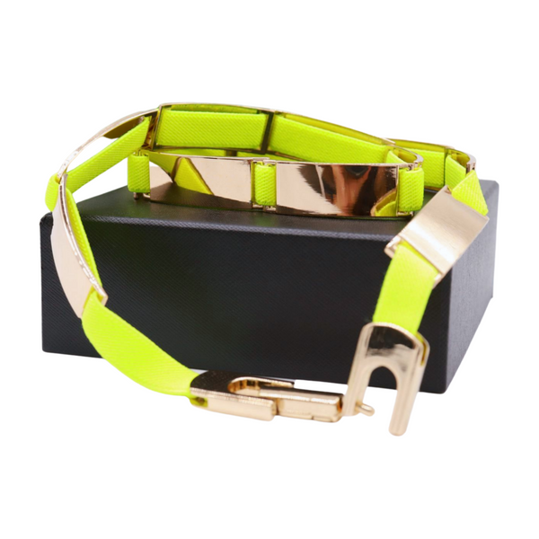 Brand New Women Neon Yellow Elastic Skinny Belt Gold Metal Buckle S M L