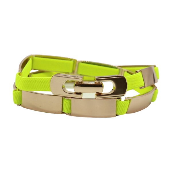 Brand New Women Neon Yellow Elastic Skinny Belt Gold Metal Buckle S M L