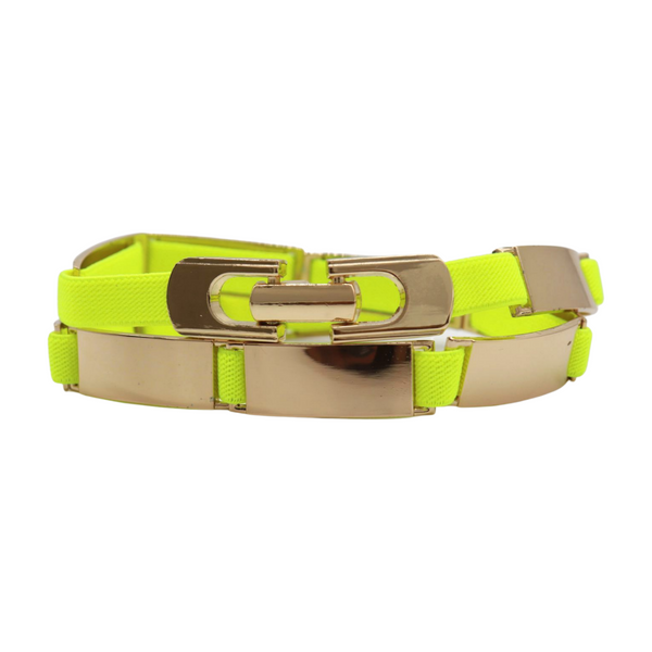 Brand New Women Neon Yellow Elastic Skinny Belt Gold Metal Buckle S M L
