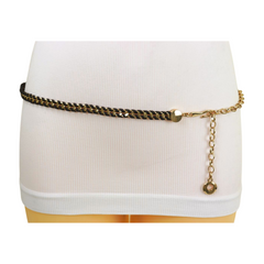 Gold Metal Chain Black Braided Skinny Belt Fit Size M L