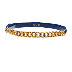 Blue Elastic Belt Gold Metal Chain Links Adjustable Size S M