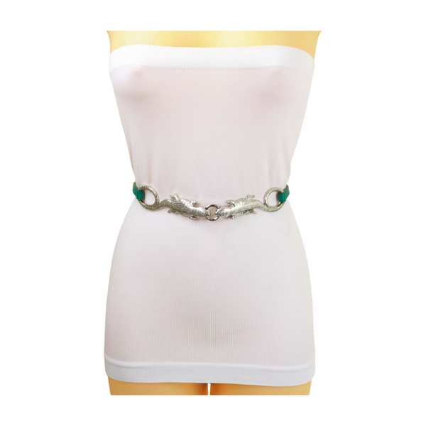 Brand New Women Silver Metal Chain Gecko Lizard Charm Belt Green Strap Size S M L