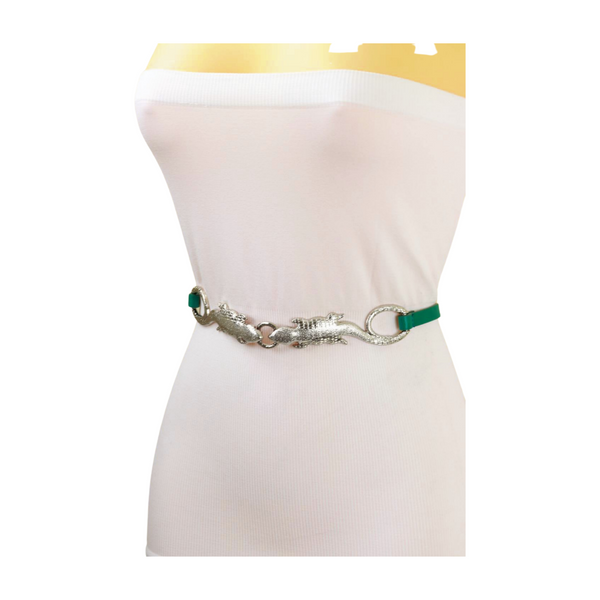 Brand New Women Silver Metal Chain Gecko Lizard Charm Belt Green Strap Size S M L