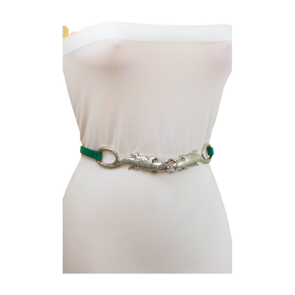 Brand New Women Silver Metal Chain Gecko Lizard Charm Belt Green Strap Size S M L