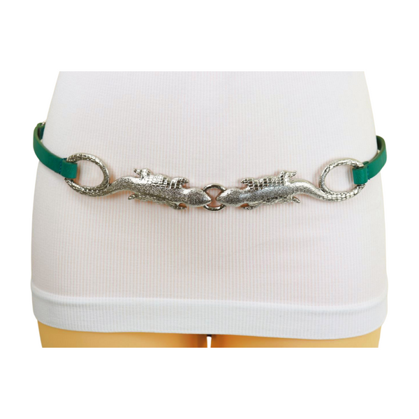 Brand New Women Silver Metal Chain Gecko Lizard Charm Belt Green Strap Size S M L