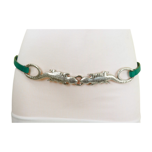 Brand New Women Silver Metal Chain Gecko Lizard Charm Belt Green Strap Size S M L