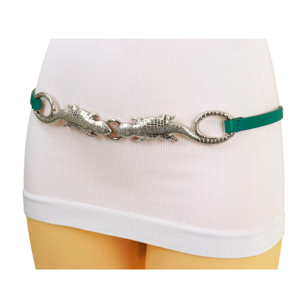 Brand New Women Silver Metal Chain Gecko Lizard Charm Belt Green Strap Size S M L
