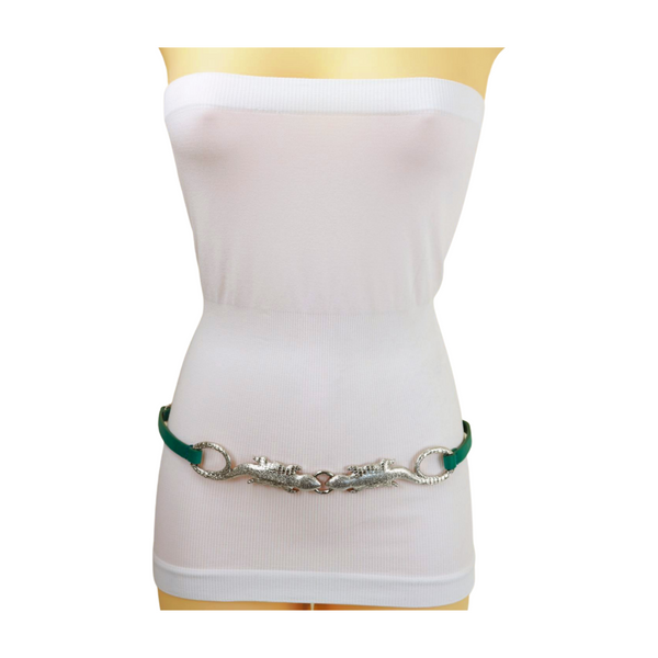 Brand New Women Silver Metal Chain Gecko Lizard Charm Belt Green Strap Size S M L