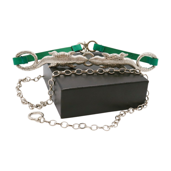 Brand New Women Silver Metal Chain Gecko Lizard Charm Belt Green Strap Size S M L
