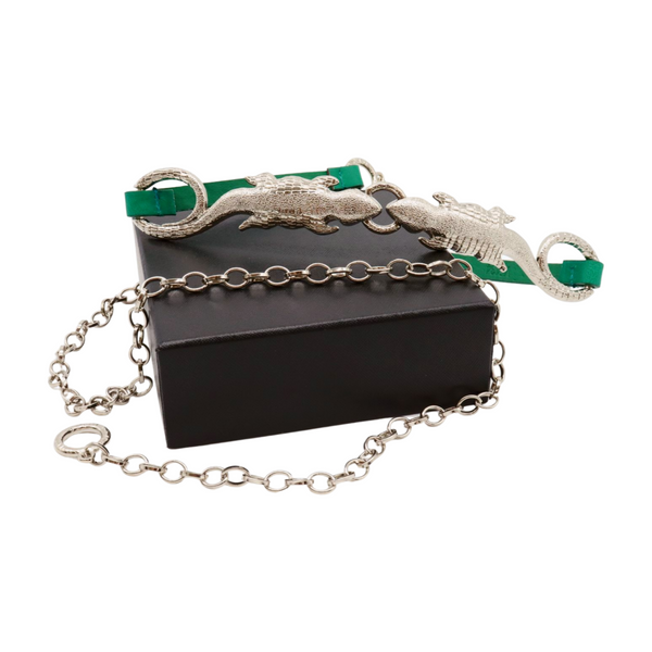 Brand New Women Silver Metal Chain Gecko Lizard Charm Belt Green Strap Size S M L