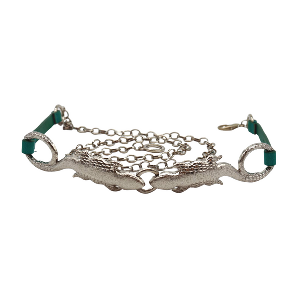 Brand New Women Silver Metal Chain Gecko Lizard Charm Belt Green Strap Size S M L