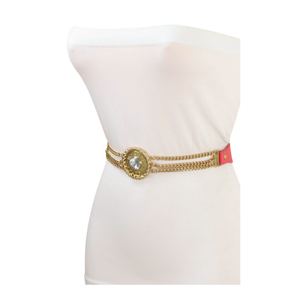 Brand New Women Coral Pink Stretch Belt Gold Metal Chain Fashion Charm S M