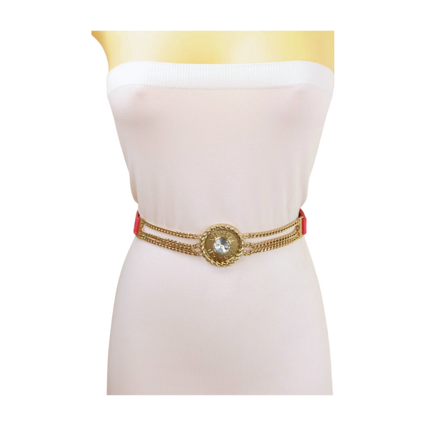 Brand New Women Coral Pink Stretch Belt Gold Metal Chain Fashion Charm S M
