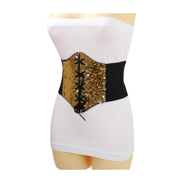 Brand New Women Black Elastic Band High Waist Corset Belt Shiny Silver Gold Sequins S M