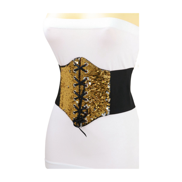 Brand New Women Black Elastic Band High Waist Corset Belt Shiny Silver Gold Sequins S M