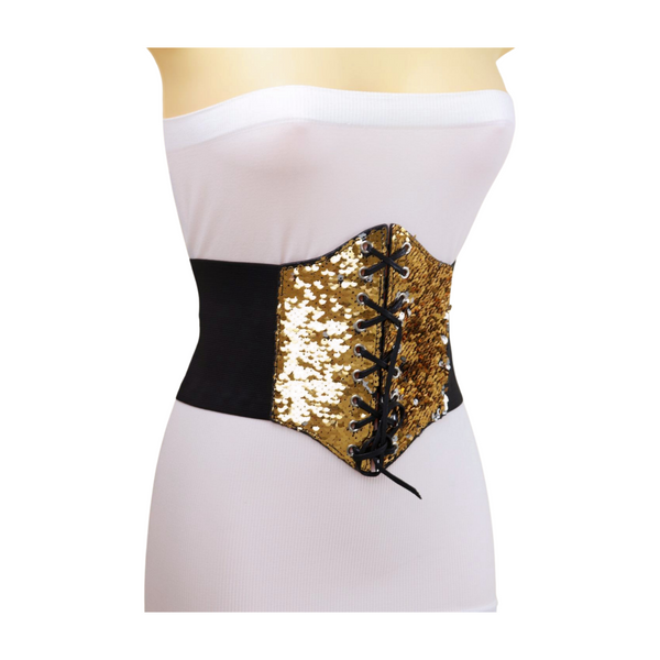Brand New Women Black Elastic Band High Waist Corset Belt Shiny Silver Gold Sequins S M