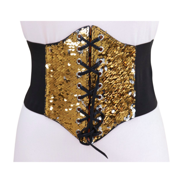 Brand New Women Black Elastic Band High Waist Corset Belt Shiny Silver Gold Sequins S M