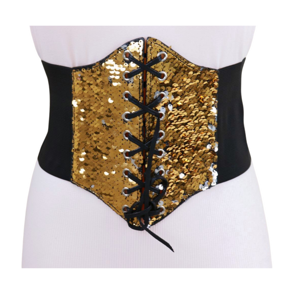 Brand New Women Black Elastic Band High Waist Corset Belt Shiny Silver Gold Sequins S M