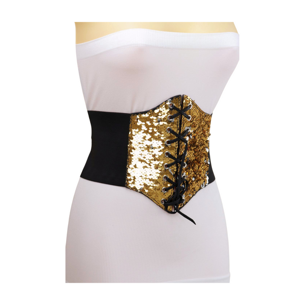 Brand New Women Black Elastic Band High Waist Corset Belt Shiny Silver Gold Sequins S M